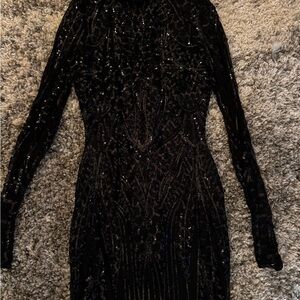 Windsor Black Sequin Bodycon Dress Mock Neck Long Sleeve